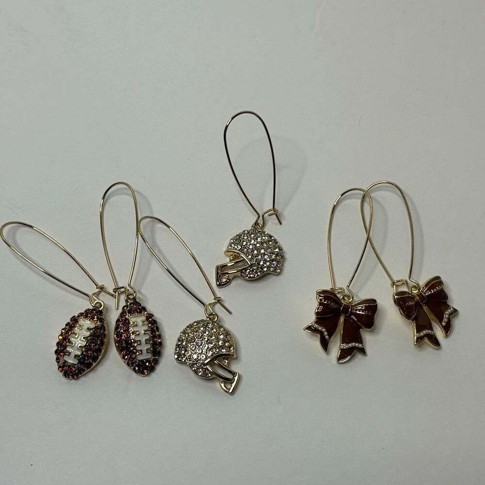 Women’s Dangle Football Earrings Faux Pave Crystals Football Helmet Bows NWOT